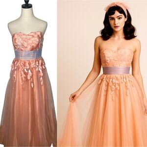 Vintage 50s Embroidered Beaded Tulle Ballgown 6 Strapless Dress Full Skirt Peach